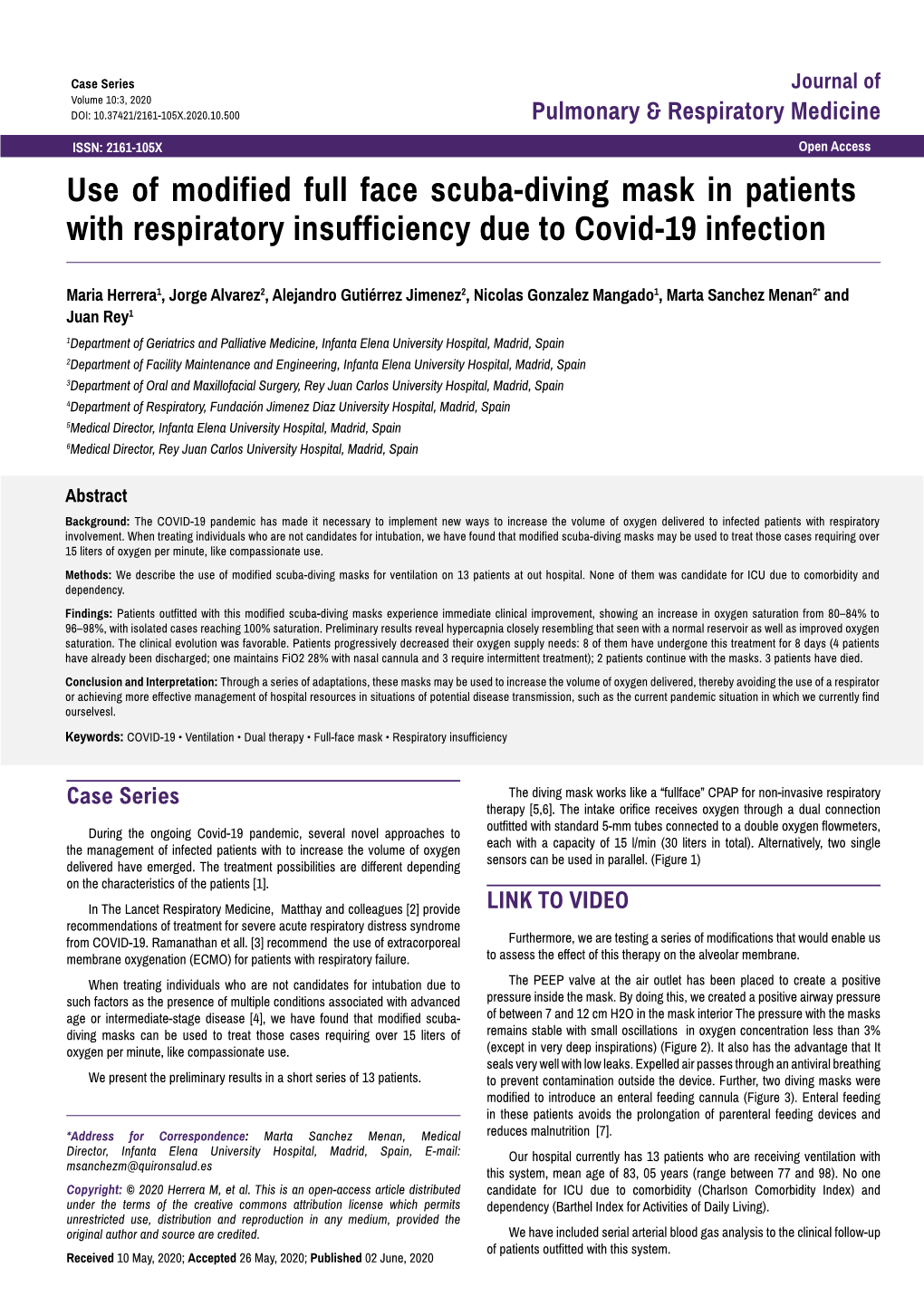 Use of Modified Full Face Scuba-Diving Mask in Patients with Respiratory Insufficiency Due to Covid-19 Infection