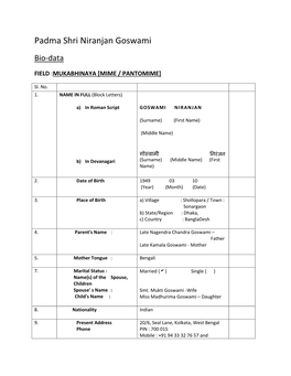 Padma Shri Niranjan Goswami Bio-Data