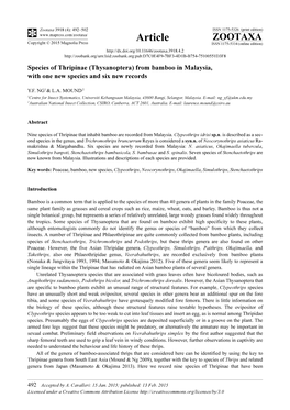 Species of Thripinae (Thysanoptera) from Bamboo in Malaysia, with One New Species and Six New Records