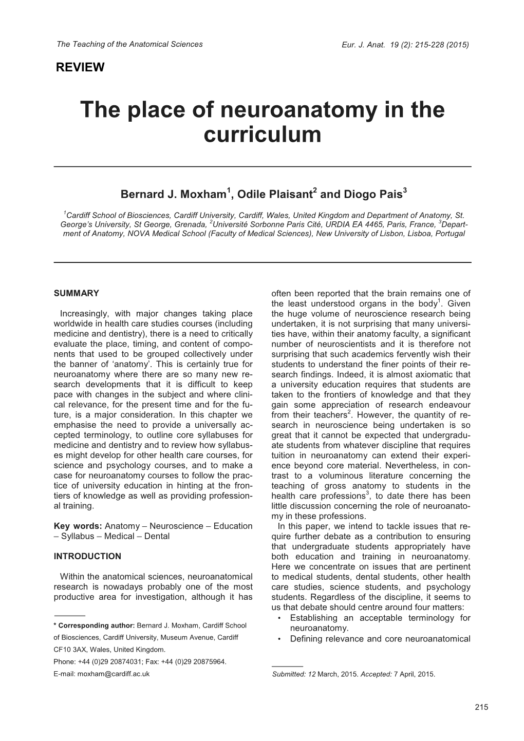 The Place of Neuroanatomy in the Curriculum