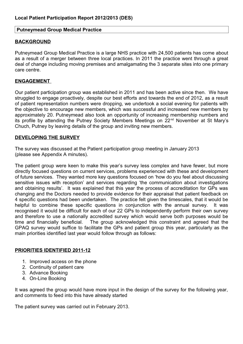 Patient Participation DES Report 2011/2012