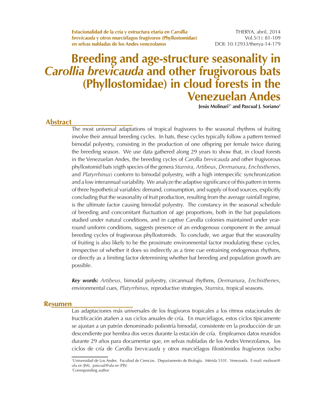 Breeding and Age-Structure Seasonality in Carollia Brevicauda