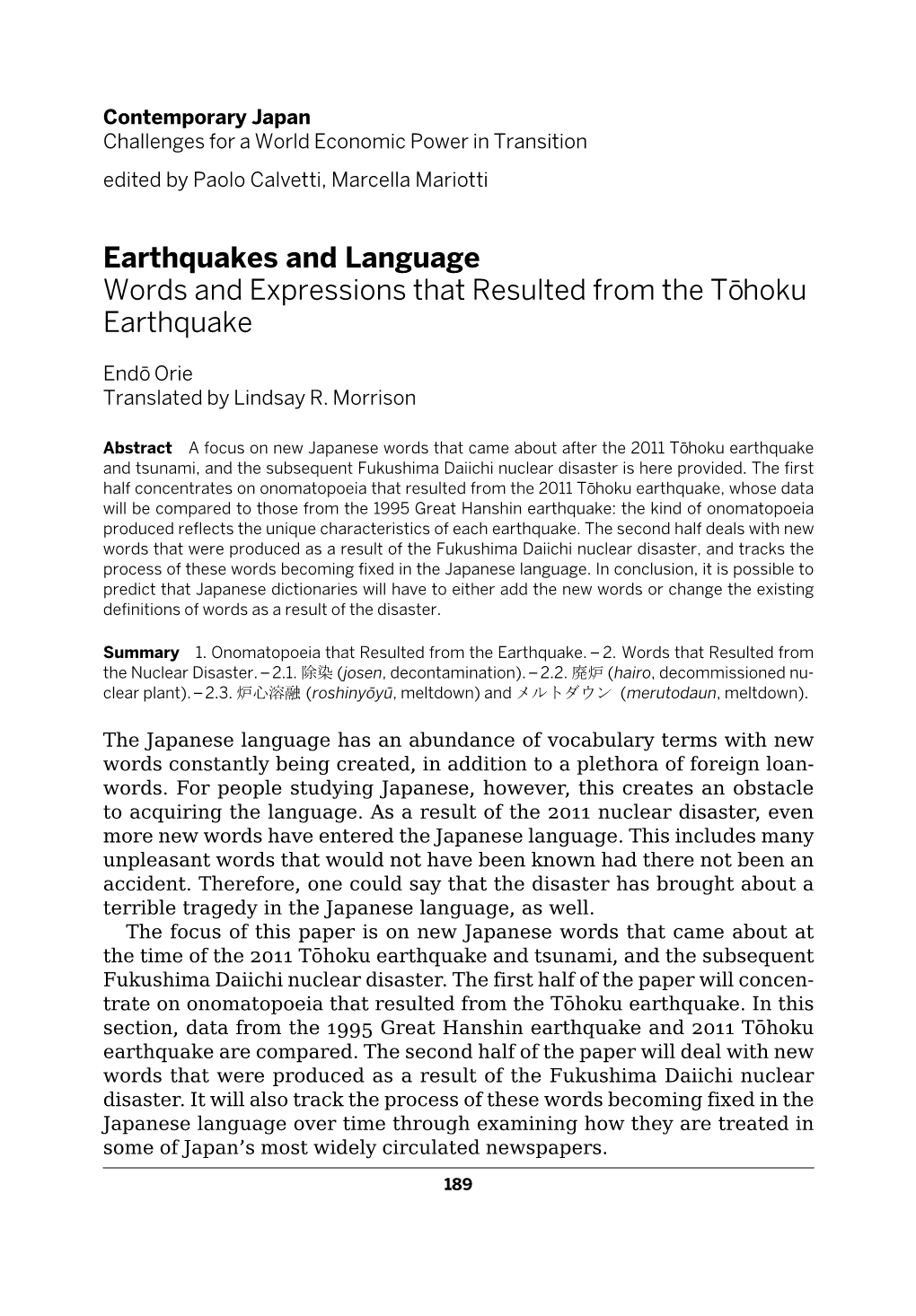 Earthquakes and Language Words and Expressions That Resulted from the To¯Hoku Earthquake