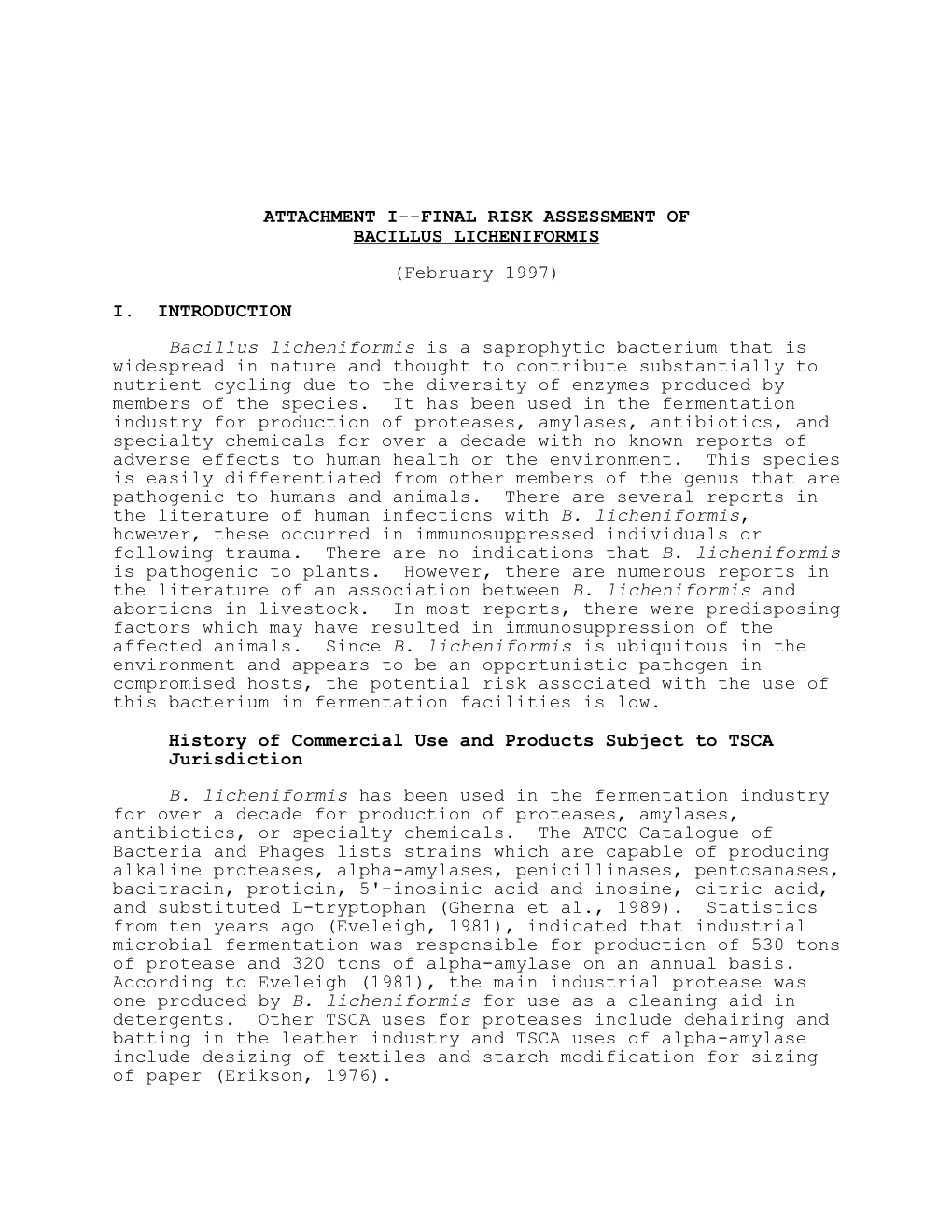 FINAL RISK ASSESSMENT of BACILLUS LICHENIFORMIS (February 1997)