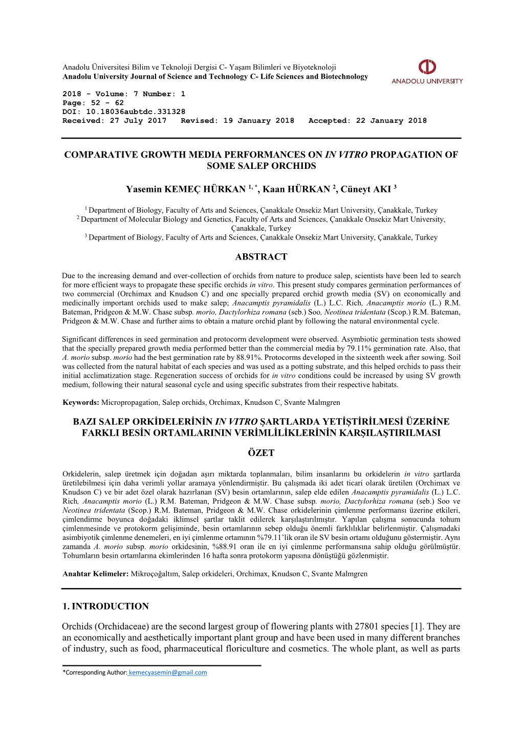 Comparative Growth Media Performances on in Vitro Propagation of Some Salep Orchids