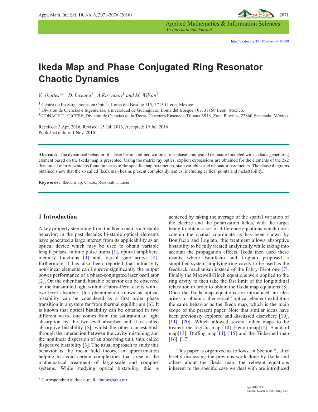 Ikeda Map and Phase Conjugated Ring Resonator Chaotic Dynamics -.:: Natural Sciences Publishing