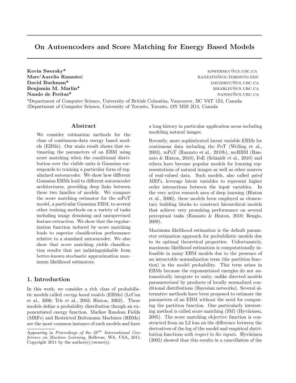 On Autoencoders and Score Matching for Energy Based Models