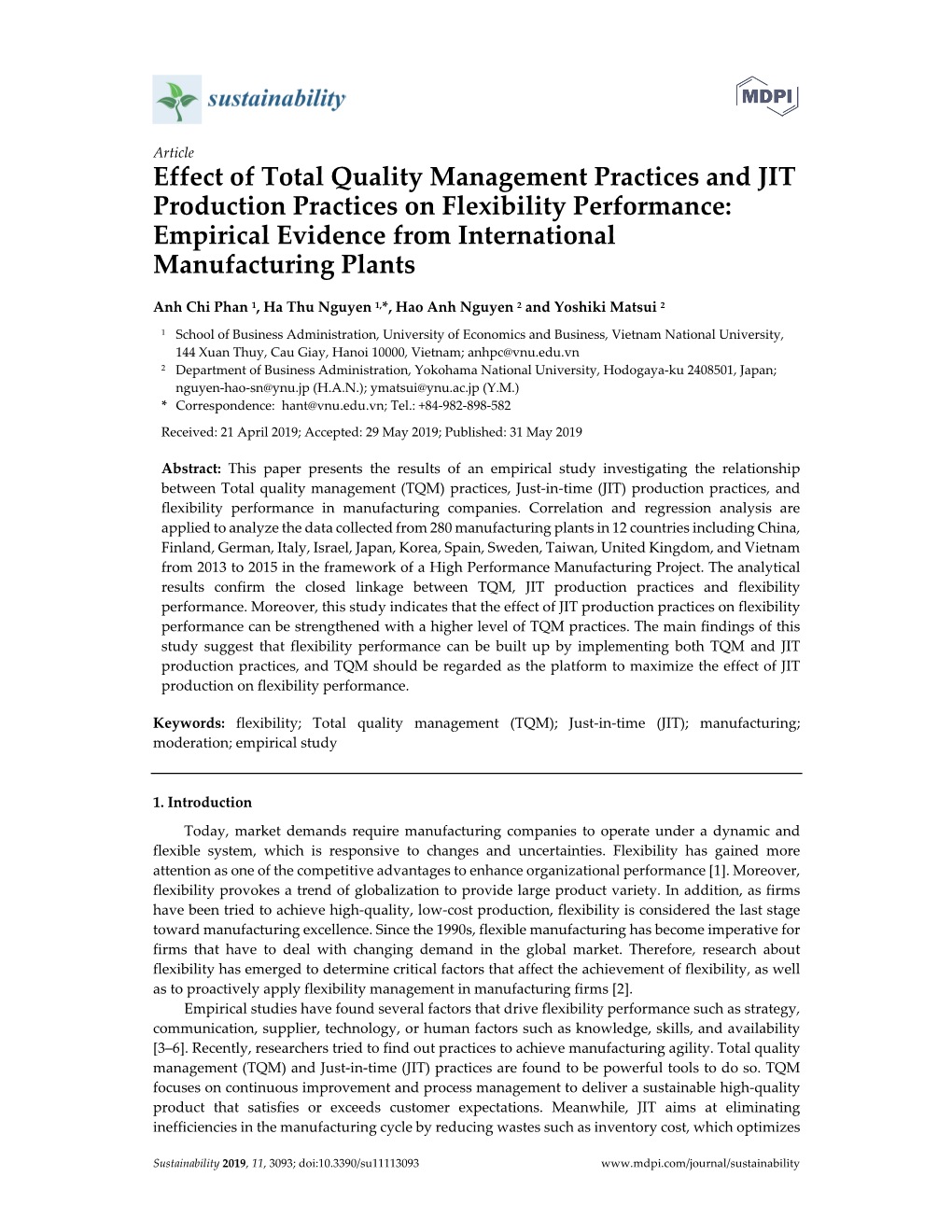 Effect of Total Quality Management Practices and JIT Production Practices on Flexibility Performance: Empirical Evidence from International Manufacturing Plants