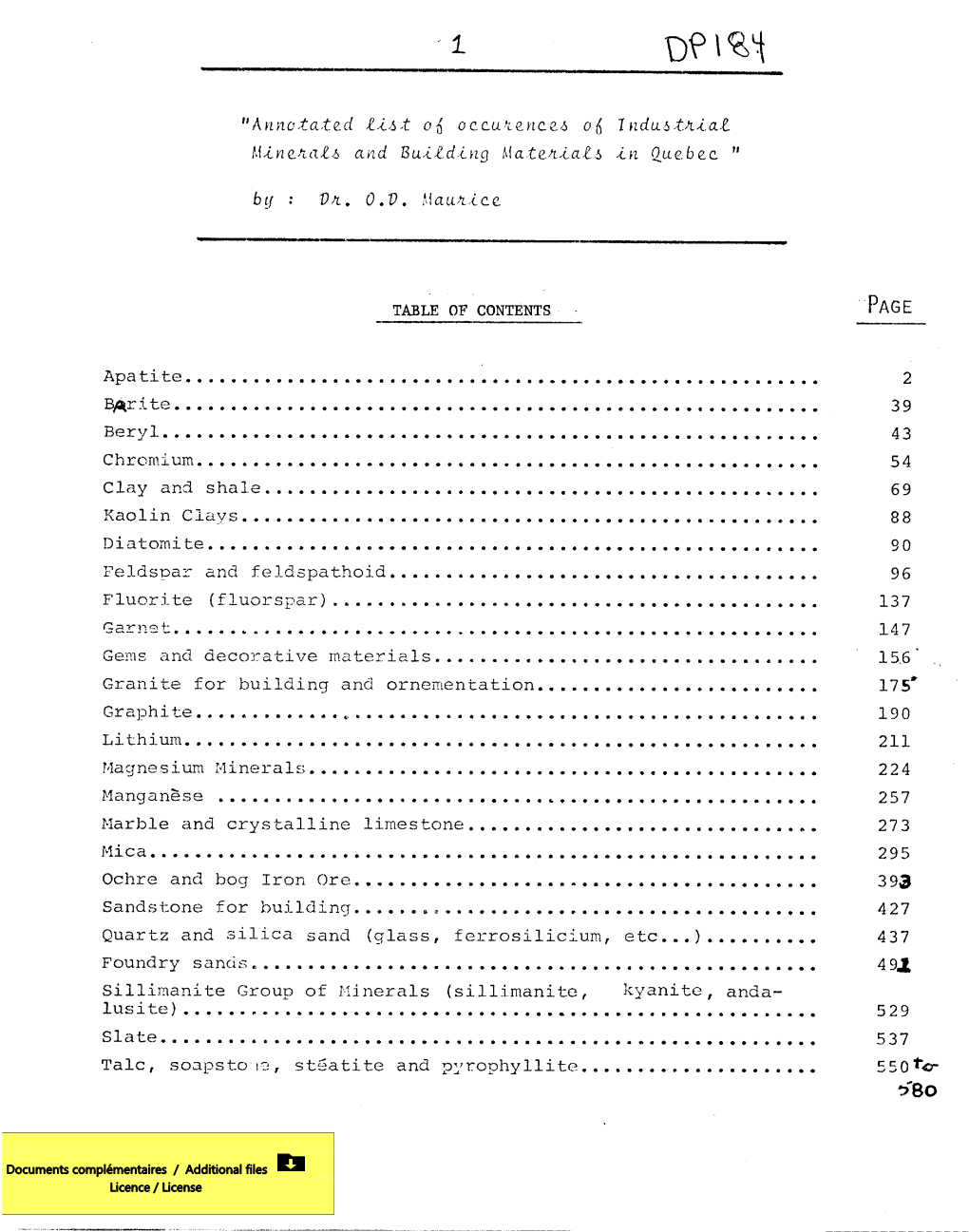 Annotated List of Occurences of Industrial Minerals and Building