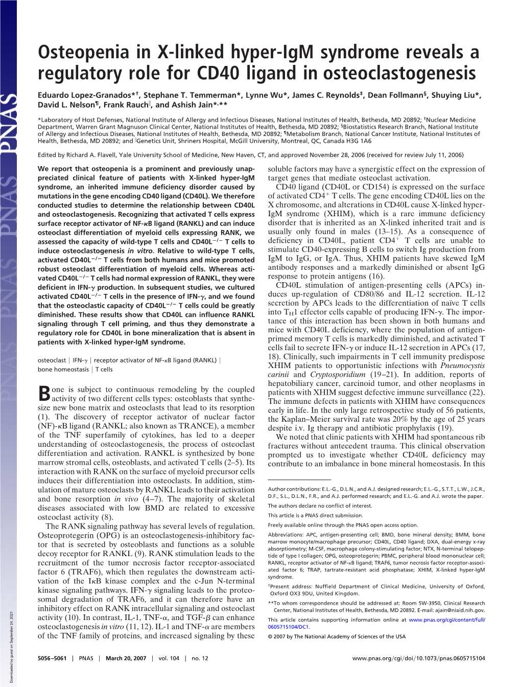 Osteopenia in X-Linked Hyper-Igm Syndrome Reveals a Regulatory Role for CD40 Ligand in Osteoclastogenesis