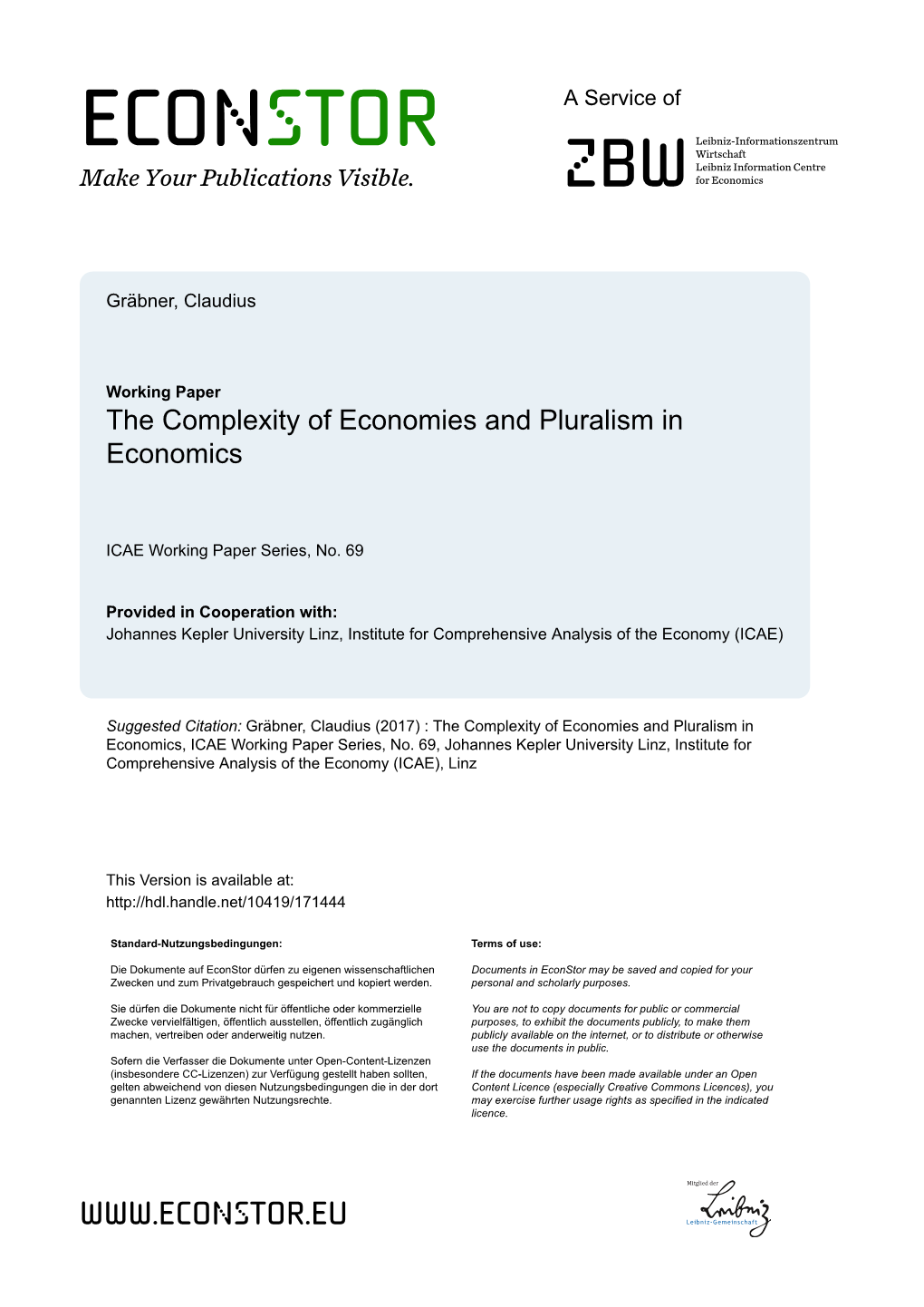 The Complexity of Economies and Pluralism in Economics