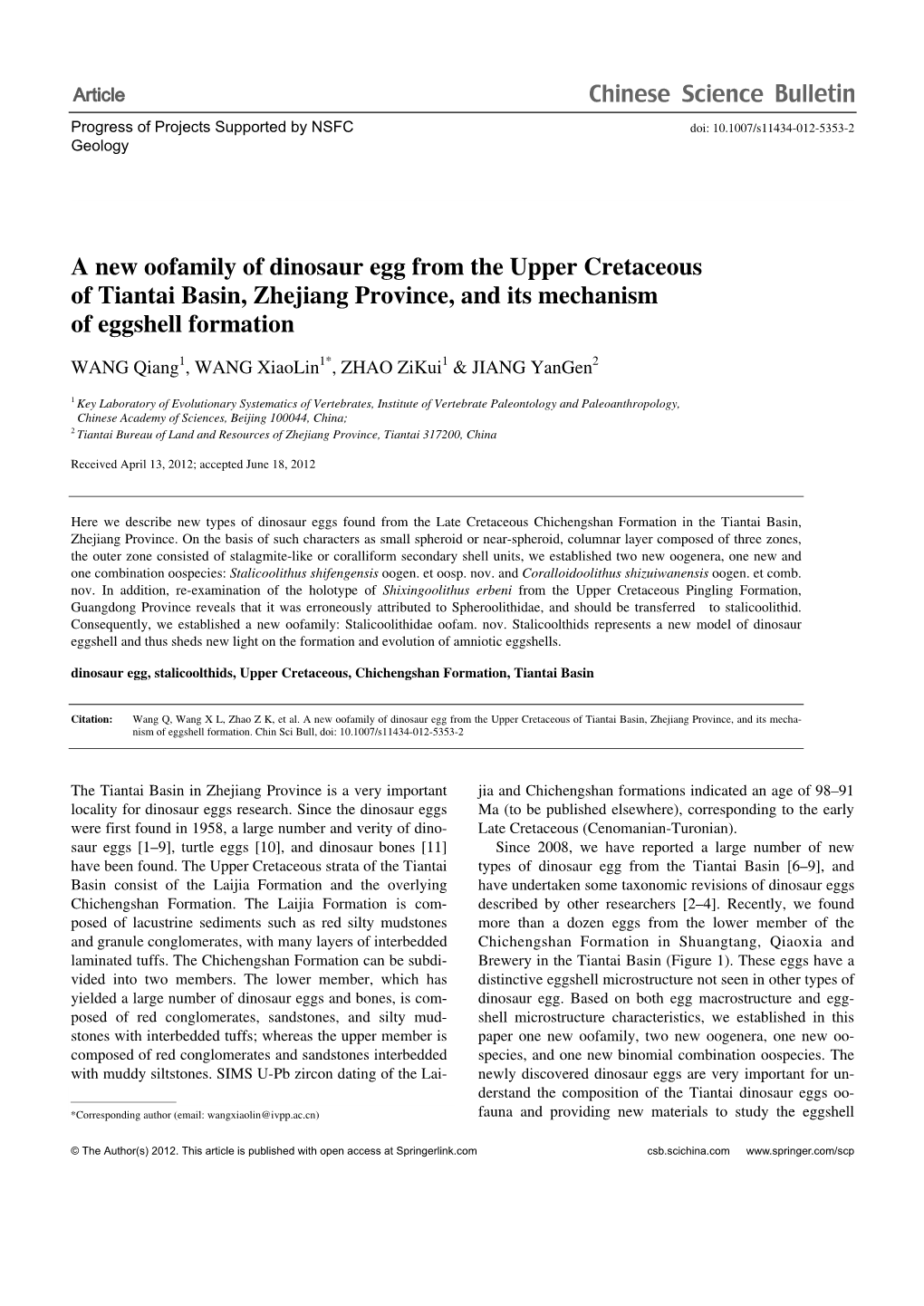 A New Oofamily of Dinosaur Egg from the Upper Cretaceous of Tiantai Basin, Zhejiang Province, and Its Mechanism of Eggshell Formation