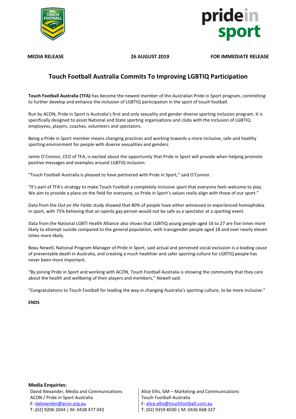 Touch Football Australia Commits to Improving LGBTIQ Participation