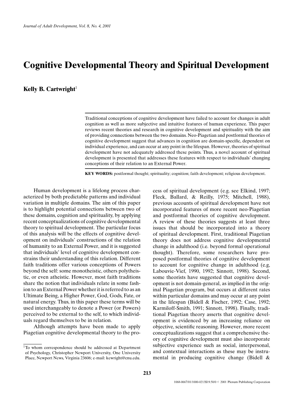 Cognitive Developmental Theory and Spiritual Development