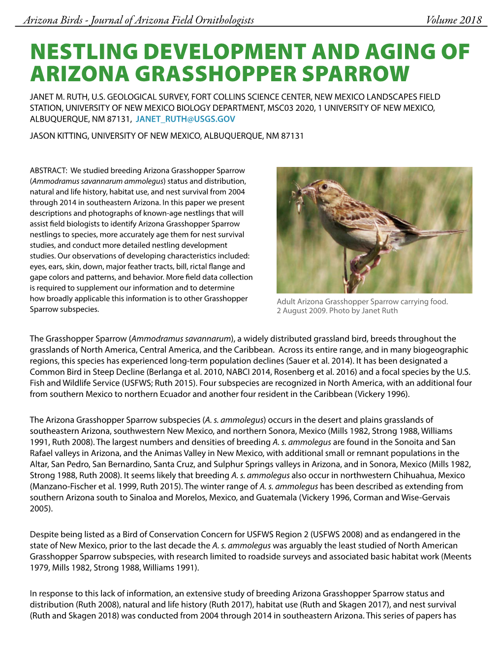 Nestling Development and Aging of Arizona Grasshopper Sparrow Janet M