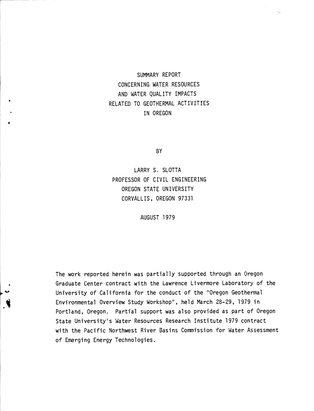 CONCERNING WATER RESOURCES and WATER QUALITY IMPACTS RELATED to GEOTHERMAL ACTIVITIES in OREGON A