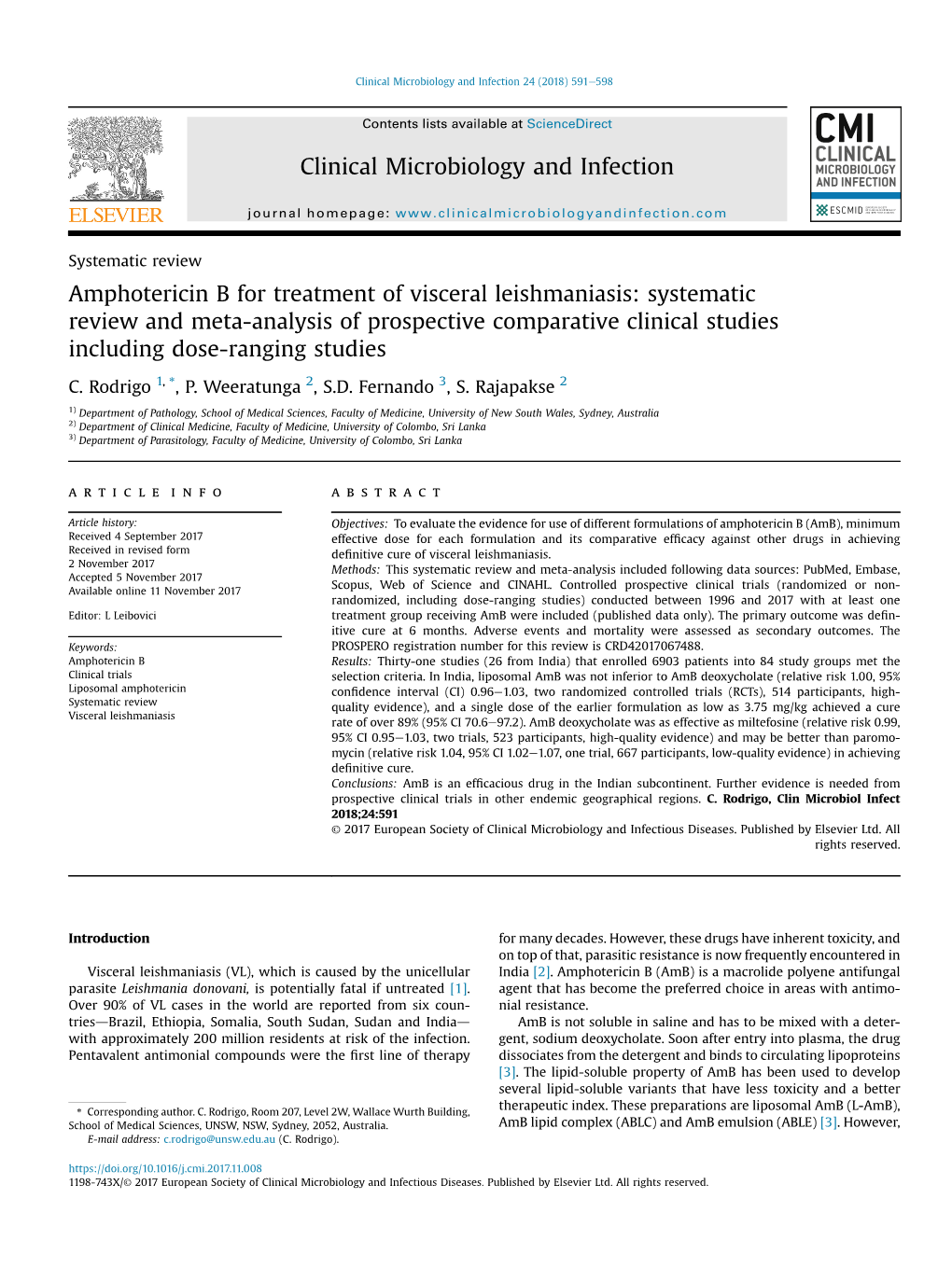 Amphotericin B for Treatment of Visceral Leishmaniasis: Systematic Review and Meta-Analysis of Prospective Comparative Clinical Studies Including Dose-Ranging Studies