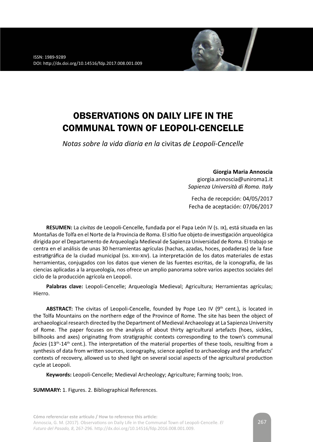 OBSERVATIONS on DAILY LIFE in the COMMUNAL TOWN of LEOPOLI-CENCELLE Notas Sobre La Vida Diaria En La Civitas De Leopoli-Cencelle