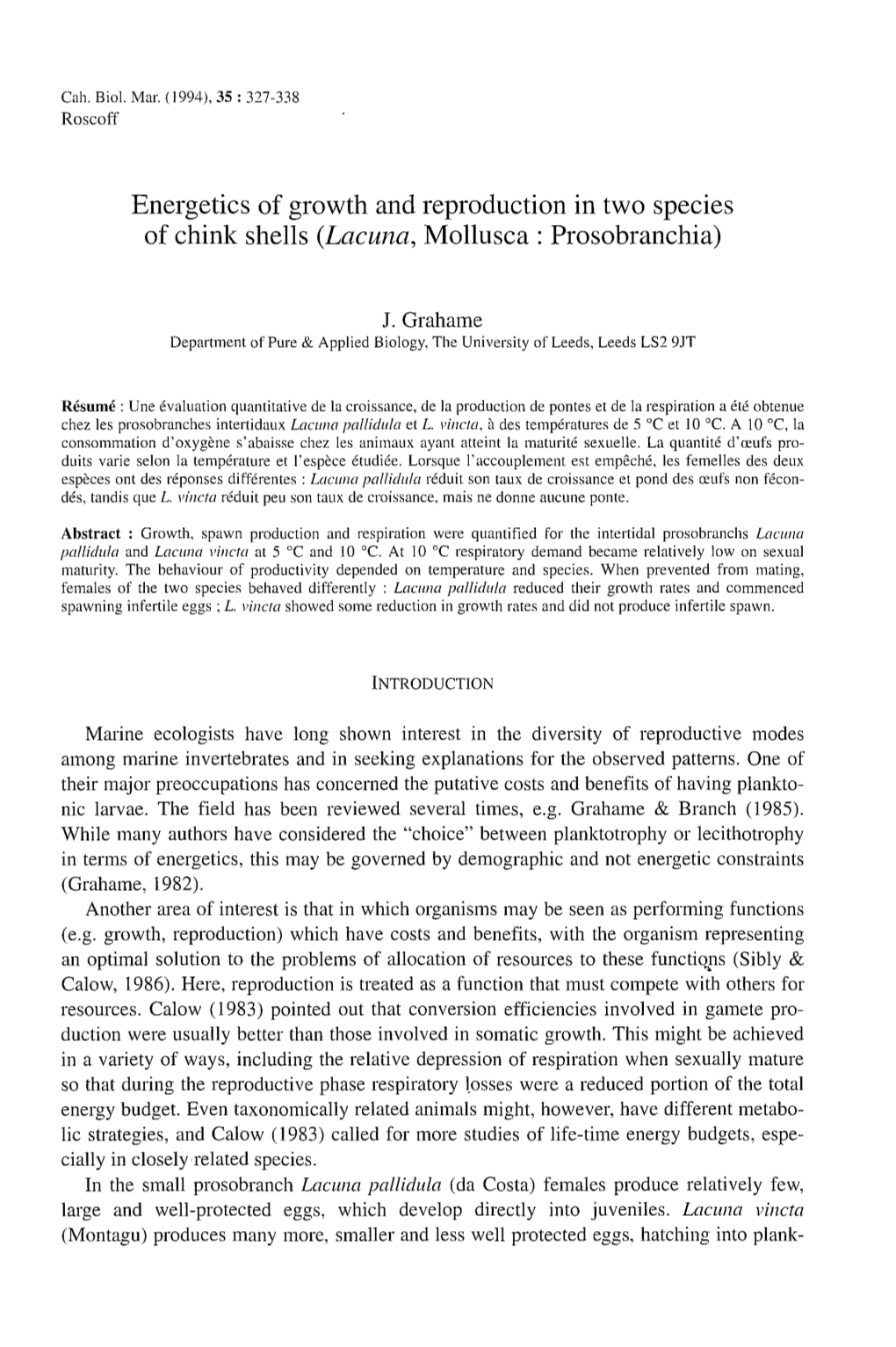 Energetics of Growth and Reproduction in Two Species of Chink Shells (Lacuna, Mollusca : Prosobranchia)