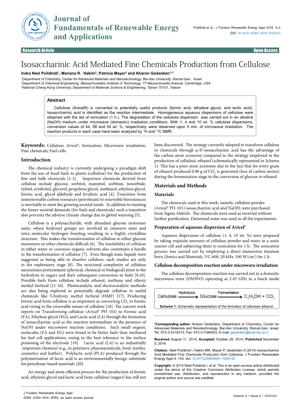 Isosaccharinic Acid Mediated Fine Chemicals Production from Cellulose Indra Neel Pulidindi1, Mariana R