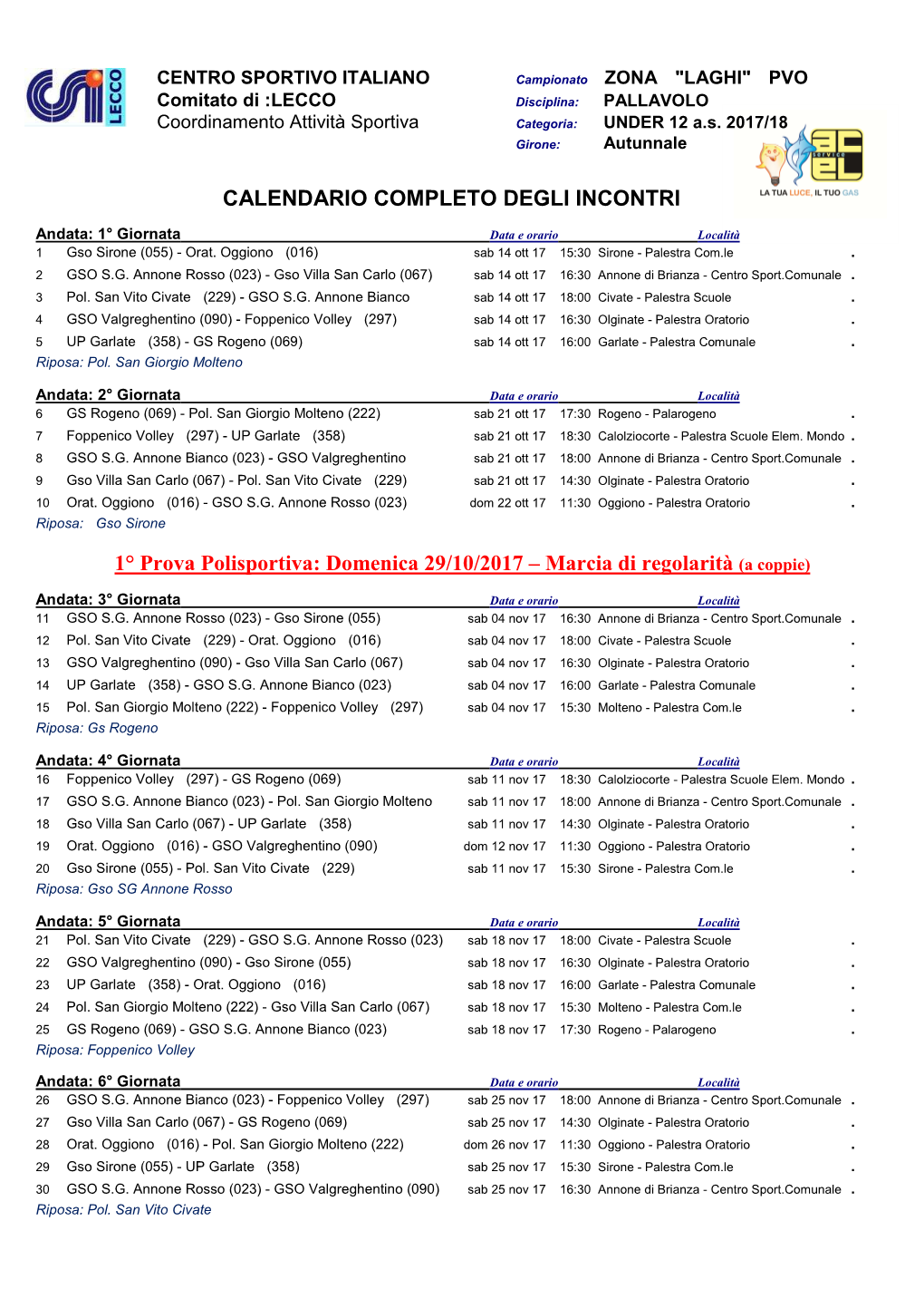 CALENDARIO COMPLETO DEGLI INCONTRI 1° Prova Polisportiva