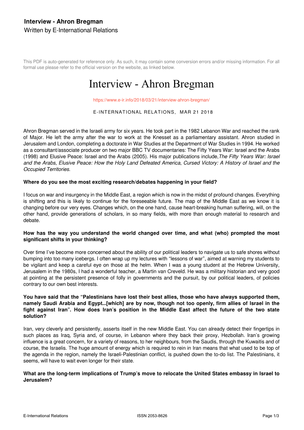 Ahron Bregman Written by E-International Relations