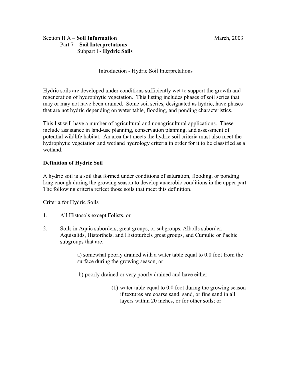 Section II a - Hydric Soil Interpretations