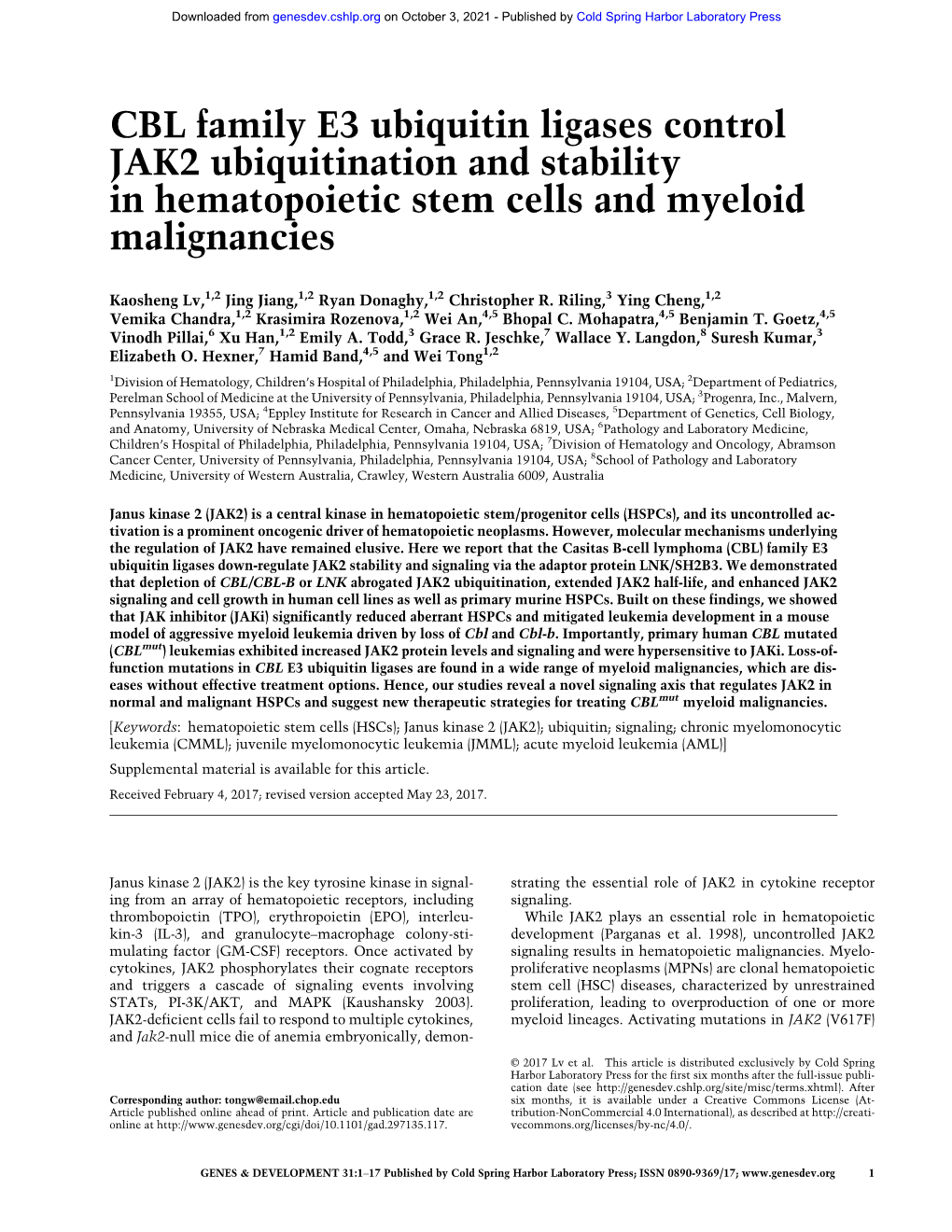 CBL Family E3 Ubiquitin Ligases Control JAK2 Ubiquitination and Stability in Hematopoietic Stem Cells and Myeloid Malignancies