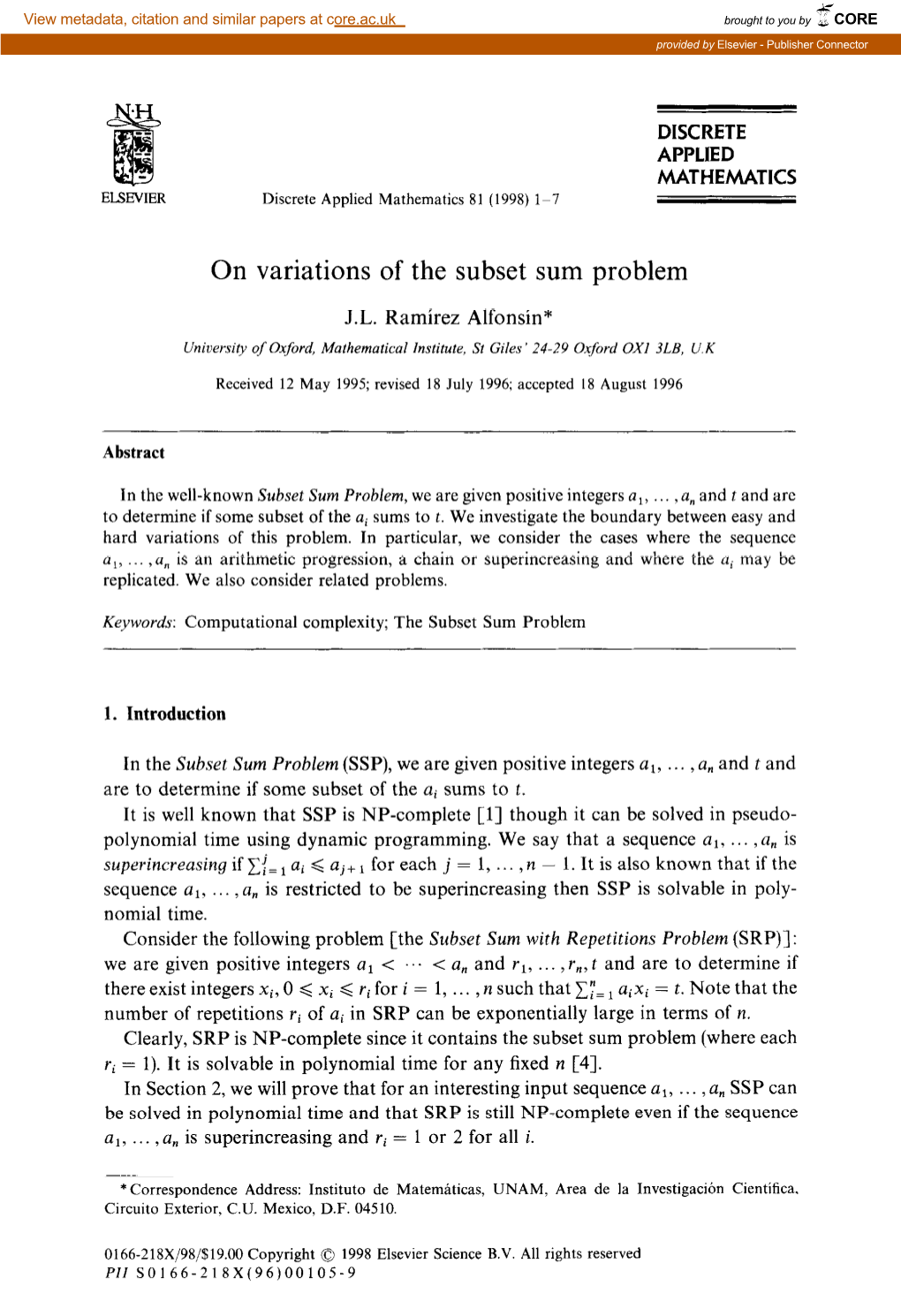 On Variations of the Subset Sum Problem
