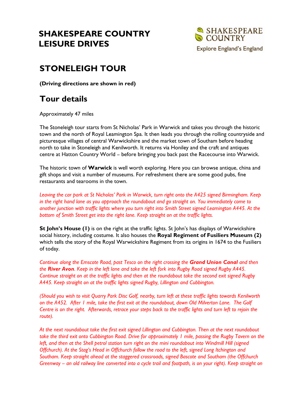 STONELEIGH TOUR Tour Details SHAKESPEARE COUNTRY LEISURE DRIVES