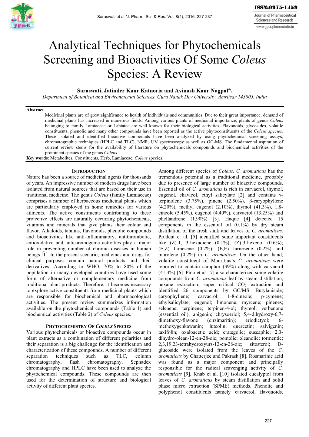 Analytical Techniques for Phytochemicals Screening and Bioactivities of Some Coleus Species: a Review