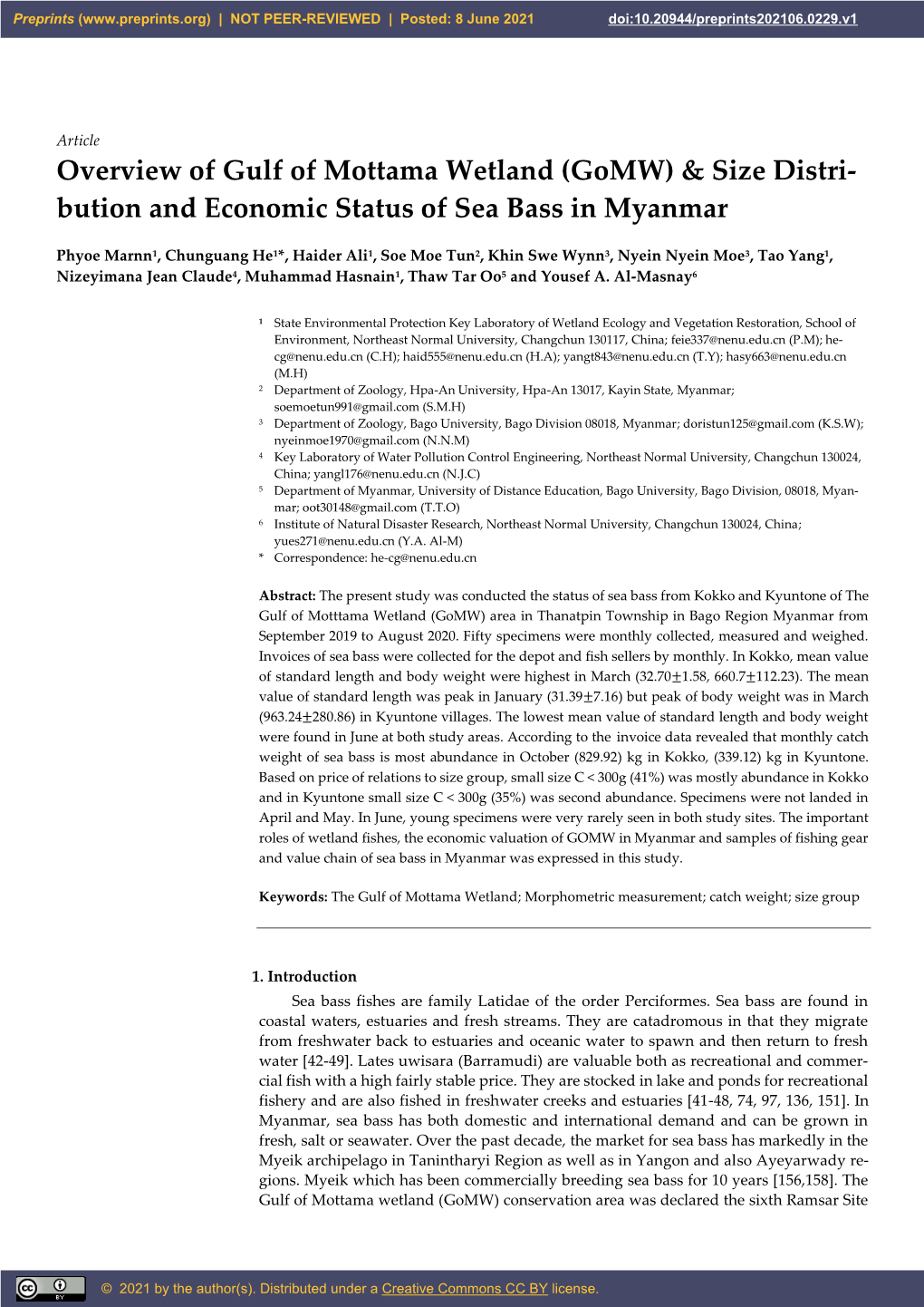 Overview of Gulf of Mottama Wetland (Gomw) & Size Distri- Bution And