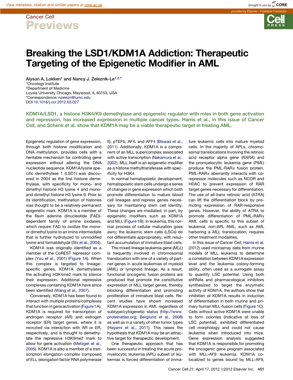 Breaking the LSD1/KDM1A Addiction: Therapeutic Targeting of the Epigenetic Modiﬁer in AML