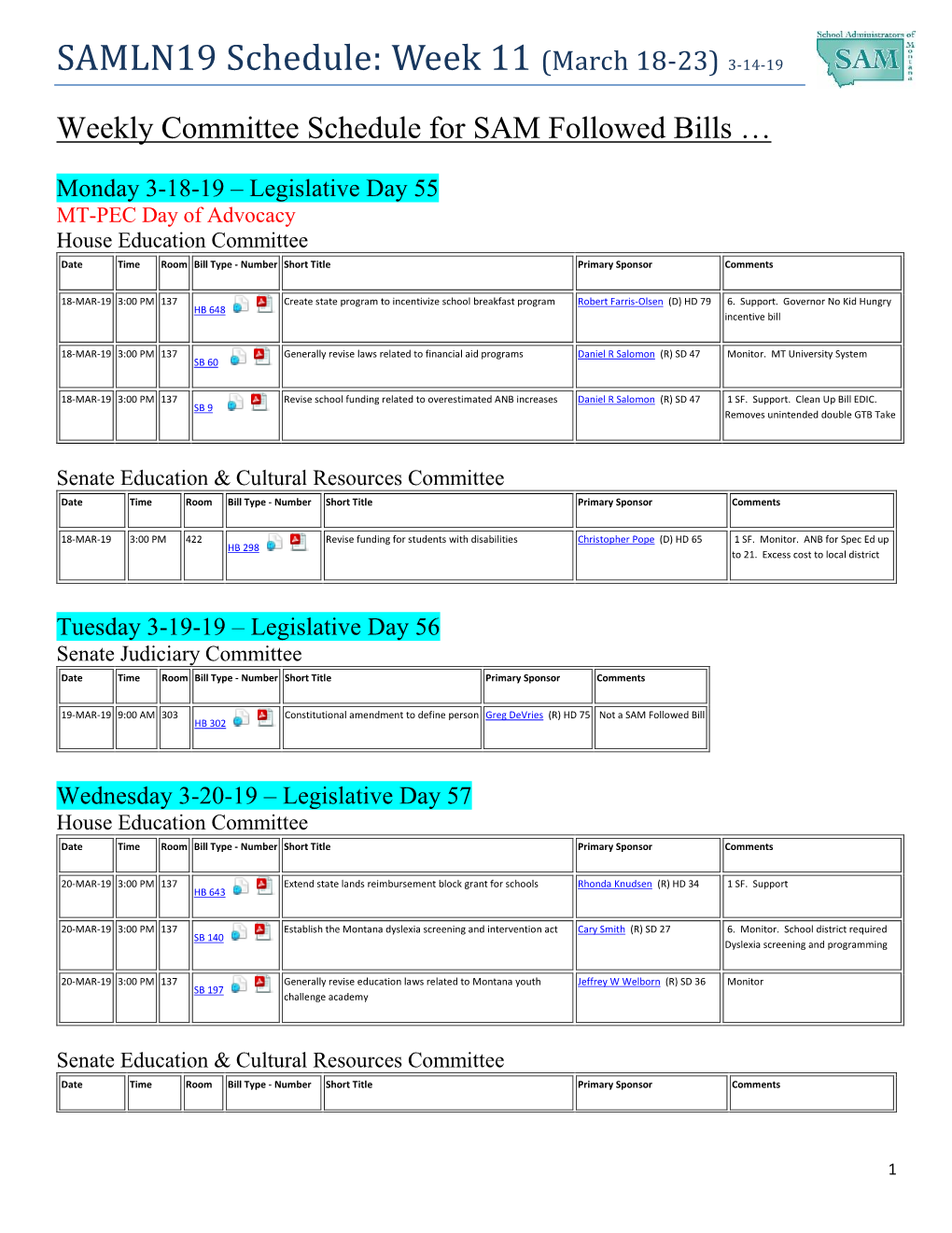 SAMLN19 Schedule: Week 11 (March 18-23) 3-14-19