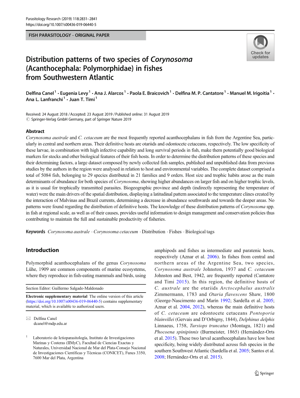 Distribution Patterns of Two Species of Corynosoma (Acanthocephala: Polymorphidae) in Fishes from Southwestern Atlantic