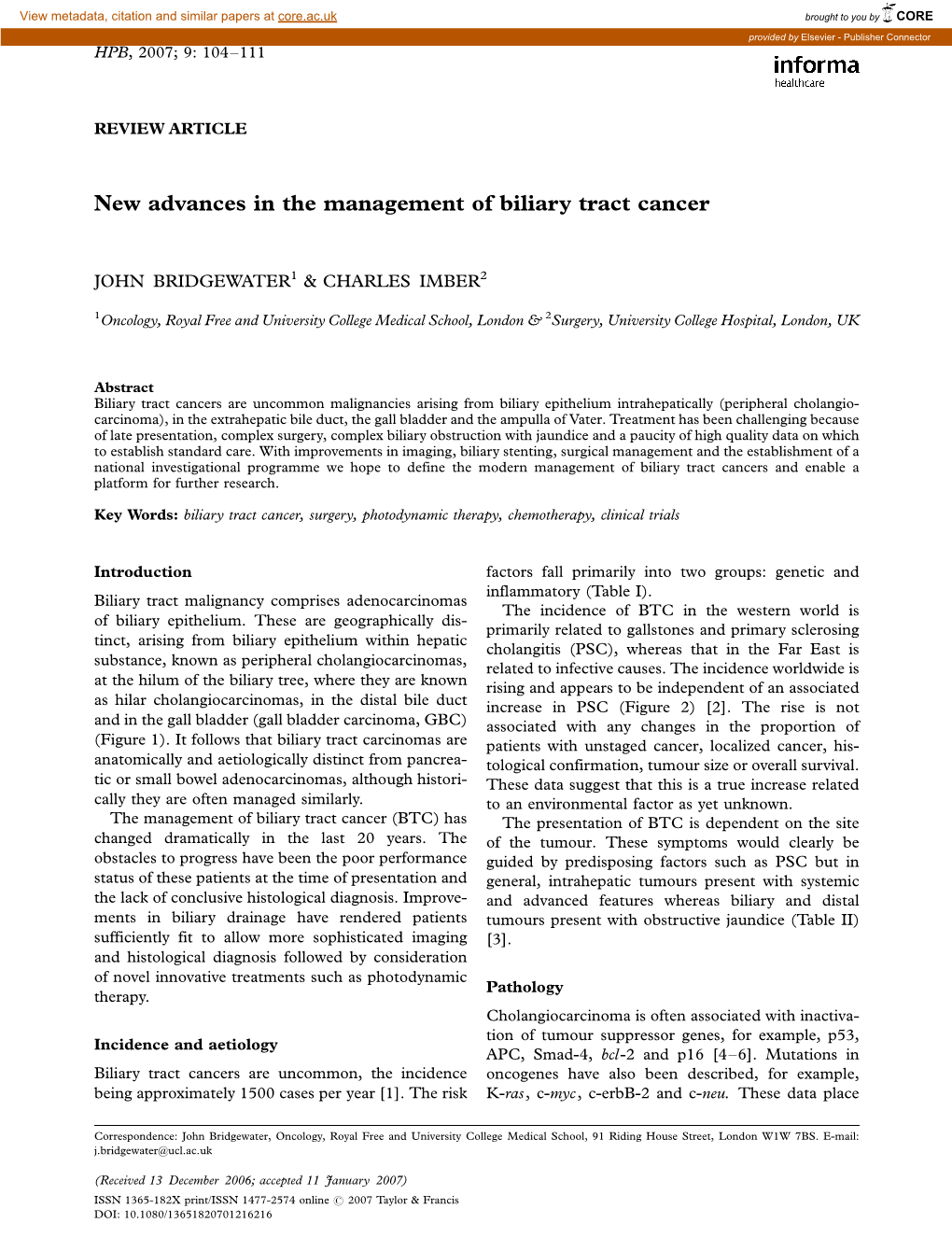 New Advances in the Management of Biliary Tract Cancer