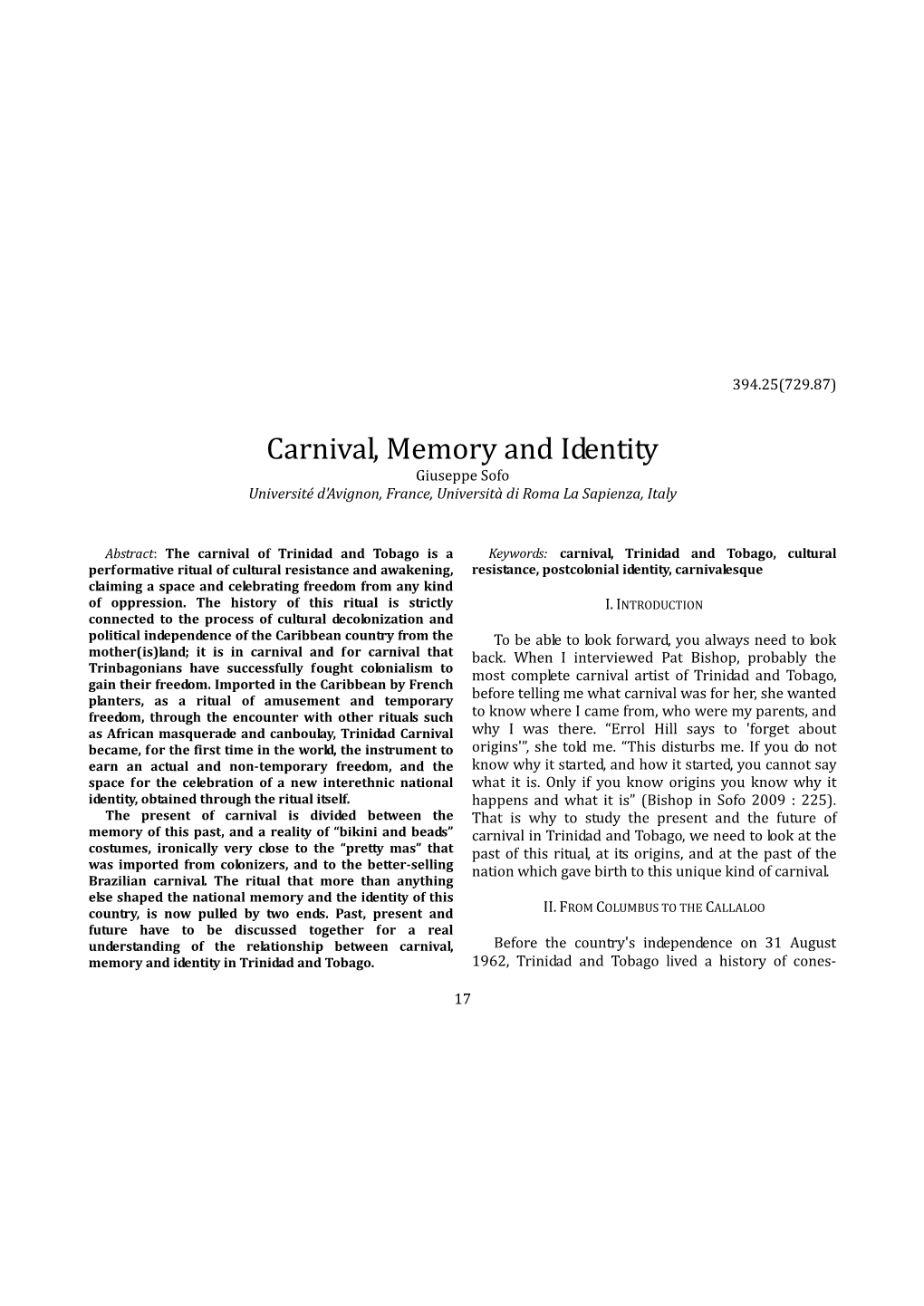 Carnival, Memory and Identity Giuseppe Sofo Université D'avignon, France, Università Di Roma La Sapienza, Italy