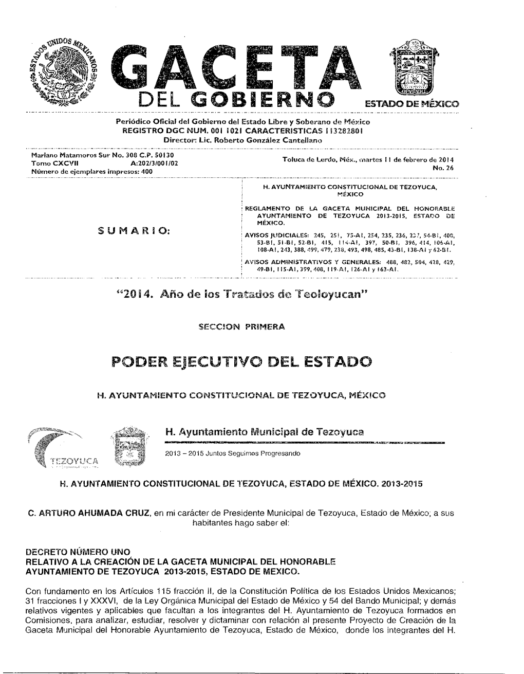 DEL GOBIERNO ESTADO DE MÉXICO Periódico Oficial Del Gobierno Del Estado Libre Y Soberano De México REGISTRO DGC NUM