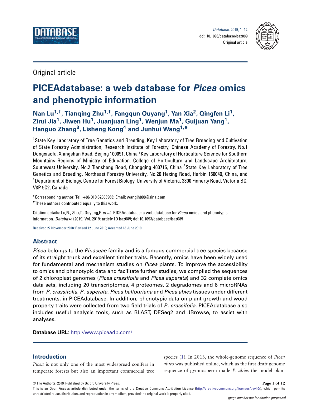 A Web Database for Picea Omics and Phenotypic Information