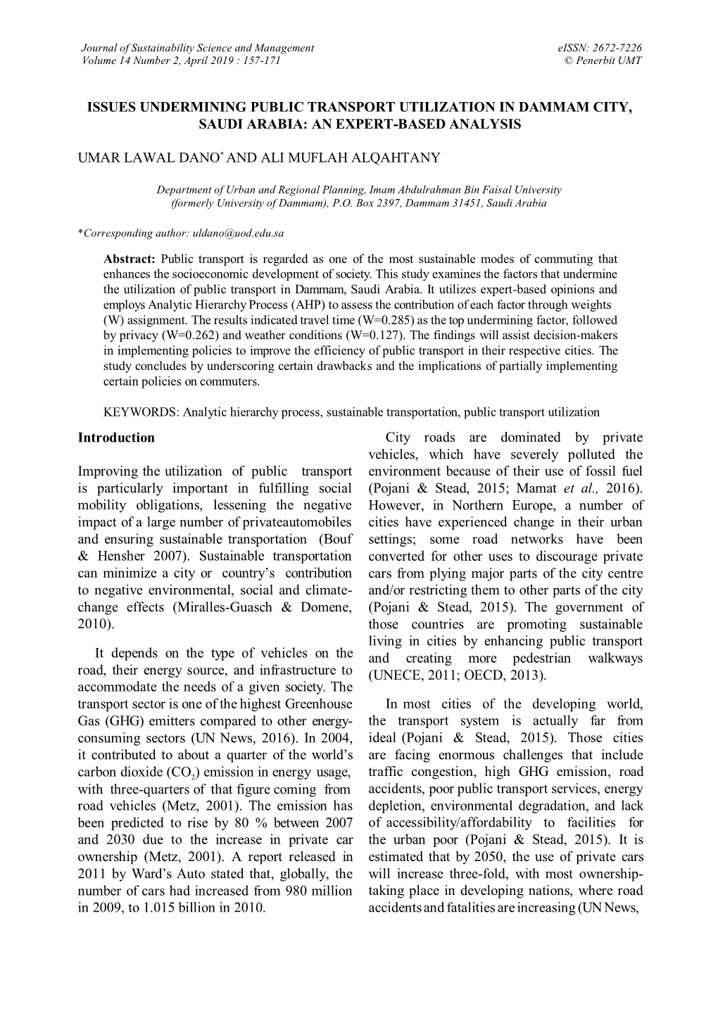 Issues Undermining Public Transport Utilization in Dammam City, Saudi Arabia: an Expert-Based Analysis