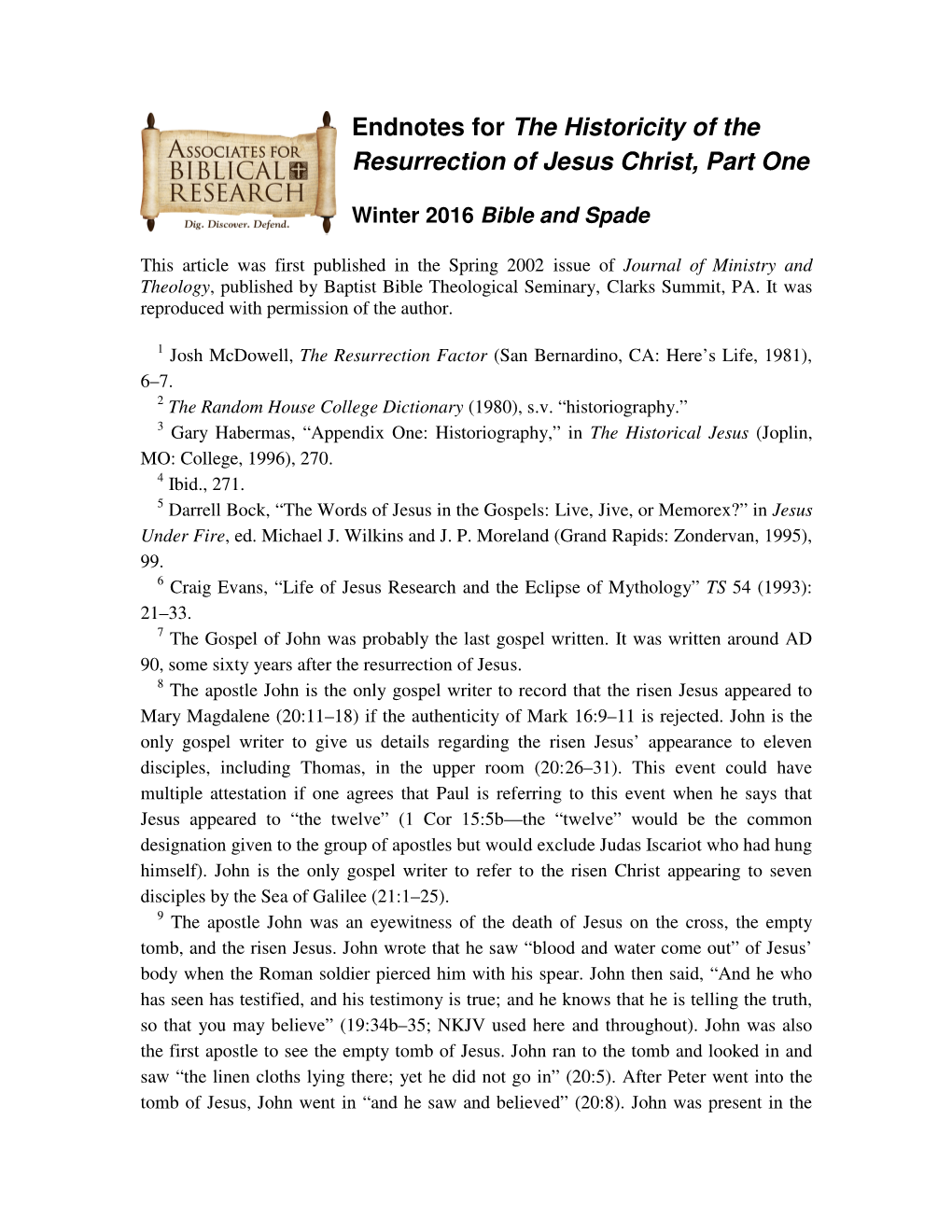 Endnotes for the Historicity of the Resurrection of Jesus Christ, Part One