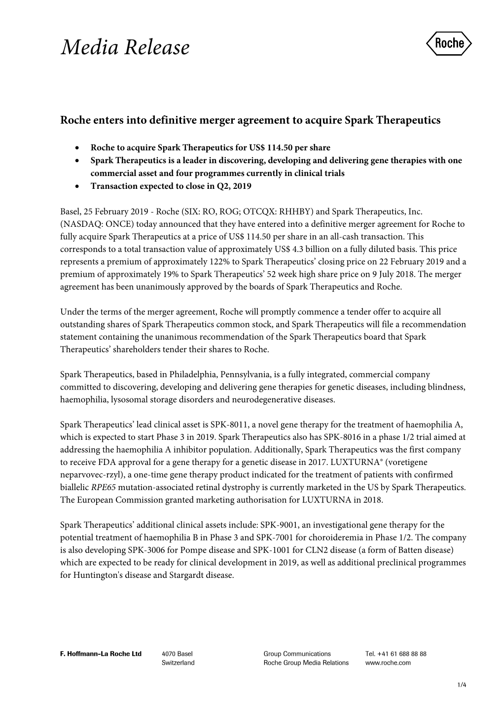 Roche Enters Into Definitive Merger Agreement to Acquire Spark Therapeutics