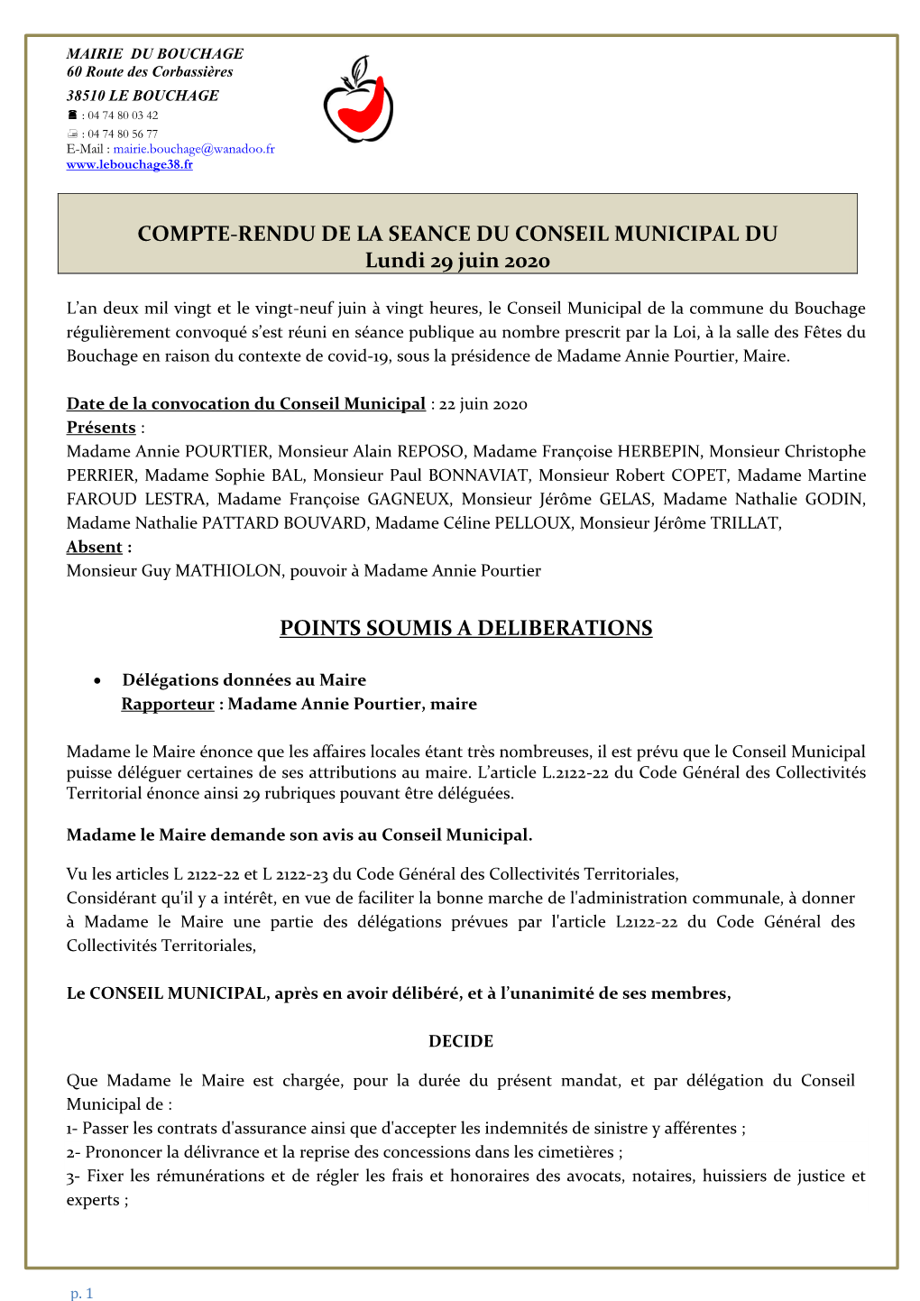 COMPTE-RENDU DE LA SEANCE DU CONSEIL MUNICIPAL DU Lundi 29 Juin 2020