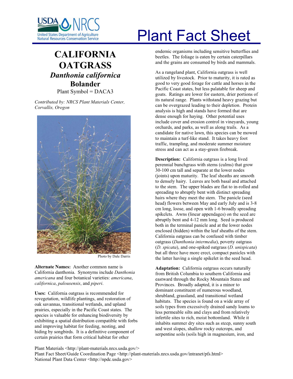 Plant Fact Sheet for California Oatgrass (Danthonia Californica)