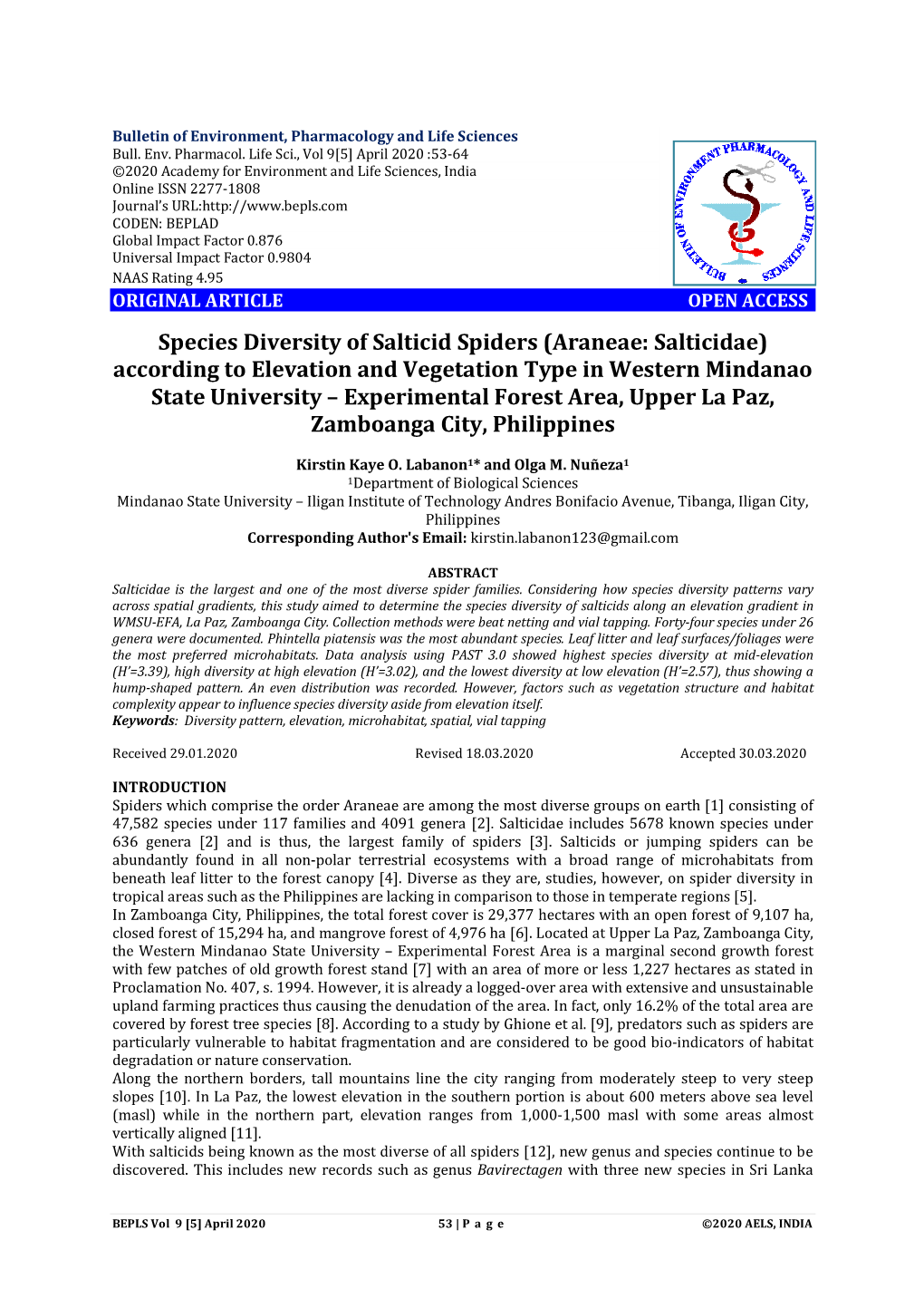 Species Diversity of Salticid Spiders (Araneae: Salticidae) According to Elevation and Vegetation Type in Western Mindanao State