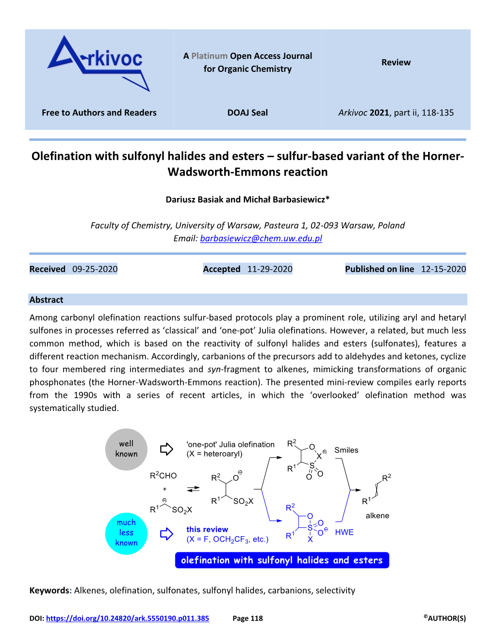 Olefination with Sulfonyl Halides and Esters – Sulfur-Based Variant of the Horner- Wadsworth-Emmons Reaction