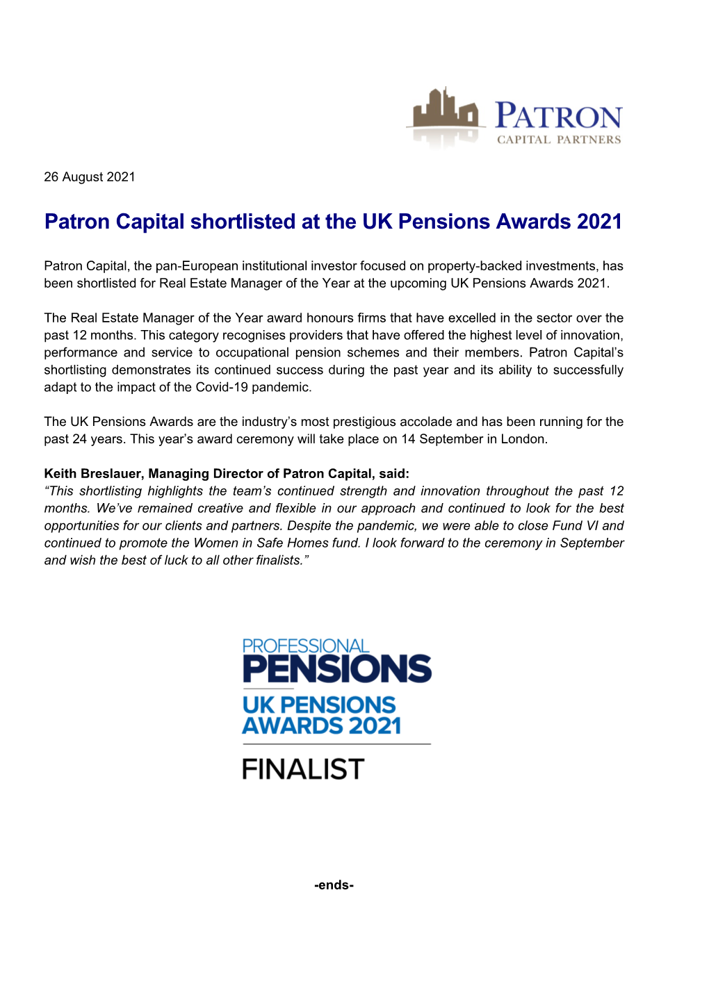 Patron Capital Shortlisted at the UK Pensions Awards 2021