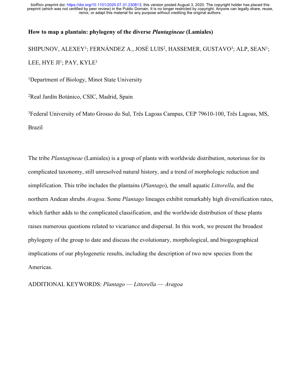 Phylogeny of the Diverse Plantagineae (Lamiales)