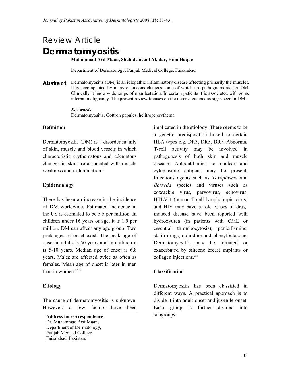 Dermatomyositis Muhammad Arif Maan, Shahid Javaid Akhtar, Hina Haque