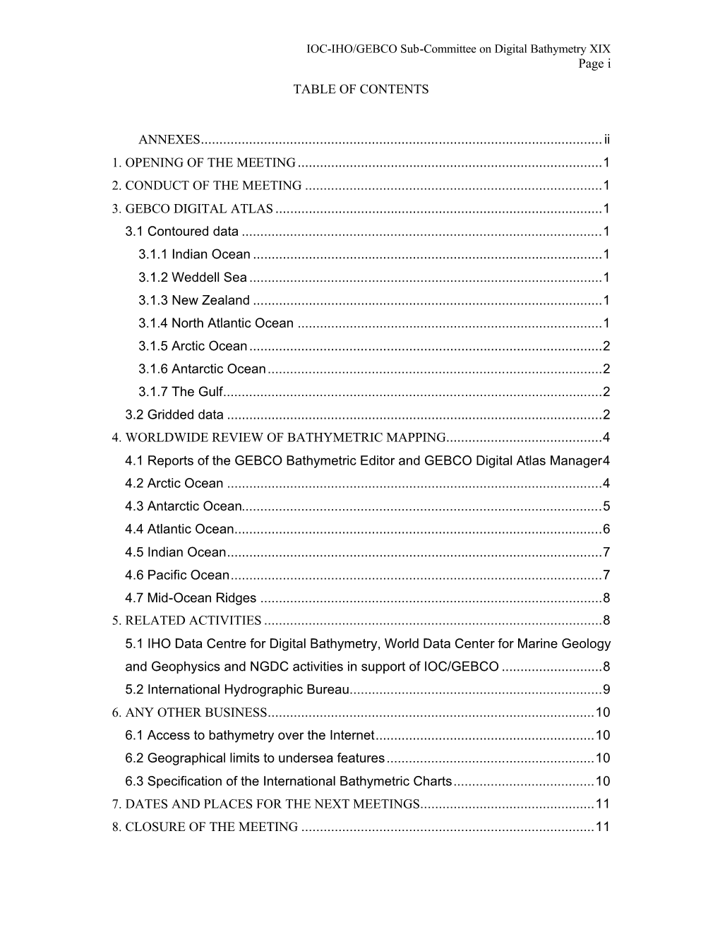 IOC-IHO/GEBCO Sub-Committee on Digital Bathymetry XIX Page I TABLE of CONTENTS